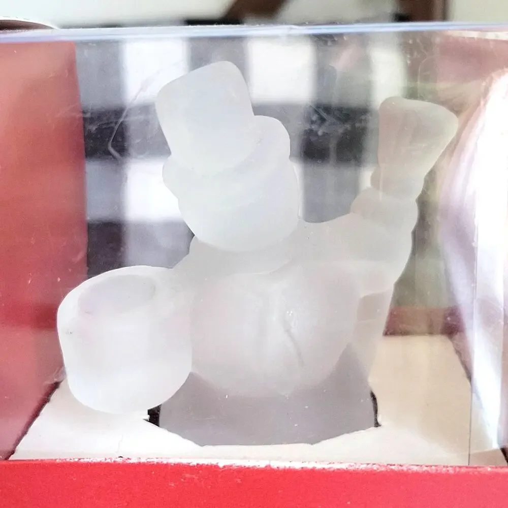 Vintage Williams Sonoma Snowman Tiny Taper Holder Clear Satin Glass Set Festive